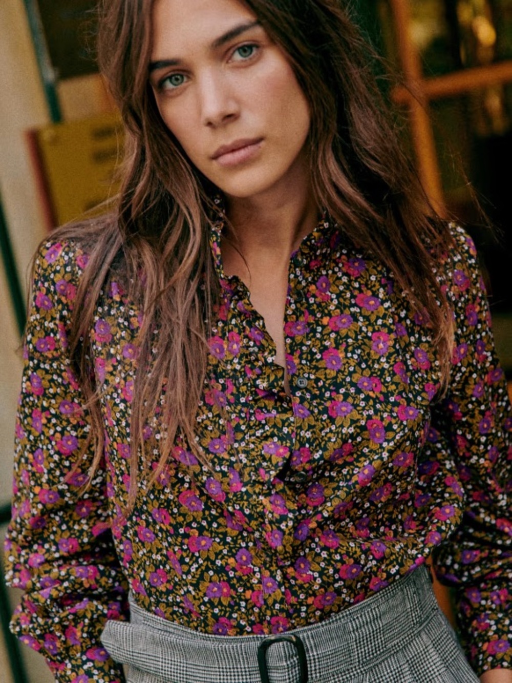 SEZANE Black Floral Button-Front Ruffle Blouse with Pink and Purple Flowers